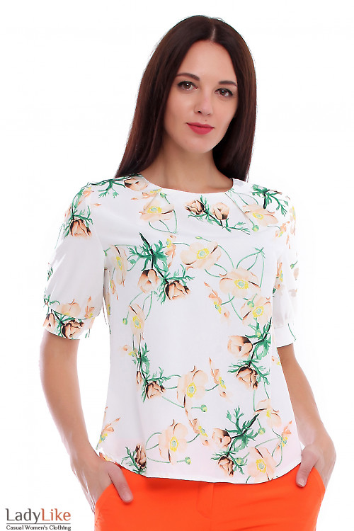 Молочная блузка в бежевый цветок. Деловая женская одежда