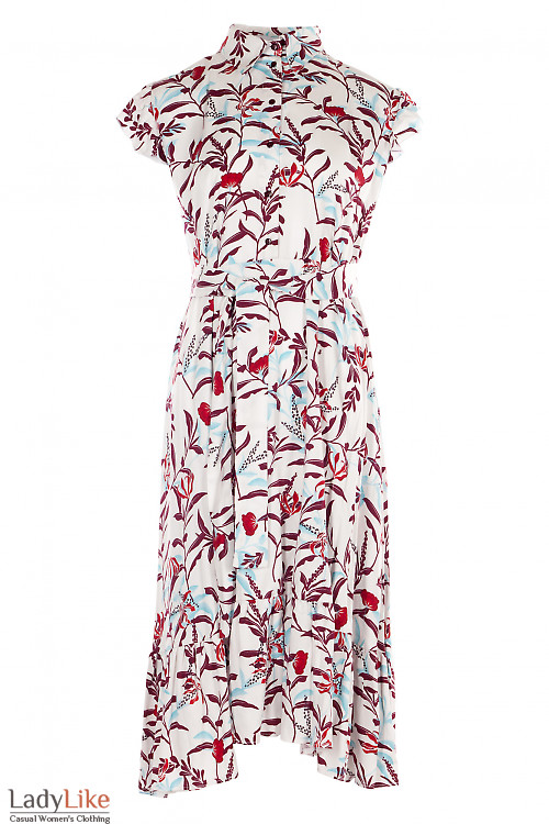 Платье белое в бордовые листики. Деловая женская одежда фото