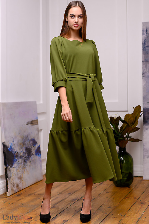 Платье зелёное с рукавом фонариком. Деловая одежда 