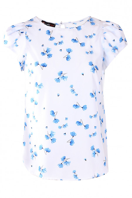 Блузка в синю квіточку з рукавом-ліхтариком Діловий жіночий одяг фото