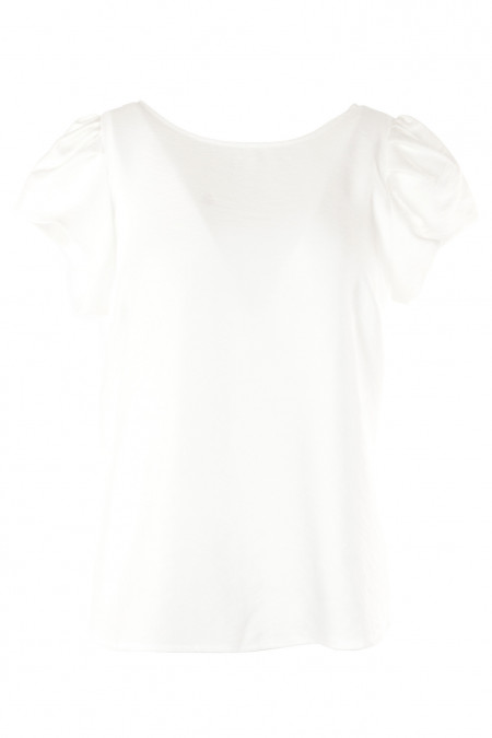 Блузка біла жіноча з круглою горловиною. Діловий жіночий одяг фото.