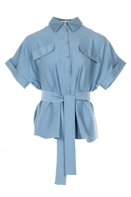 Блузка з льону короткий рукав по переду клапани.Діловий жіночий одяг фото.