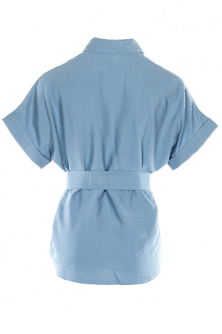 Блузка женская серо-голубого цвета с поясом. Деловая женская одежда фото