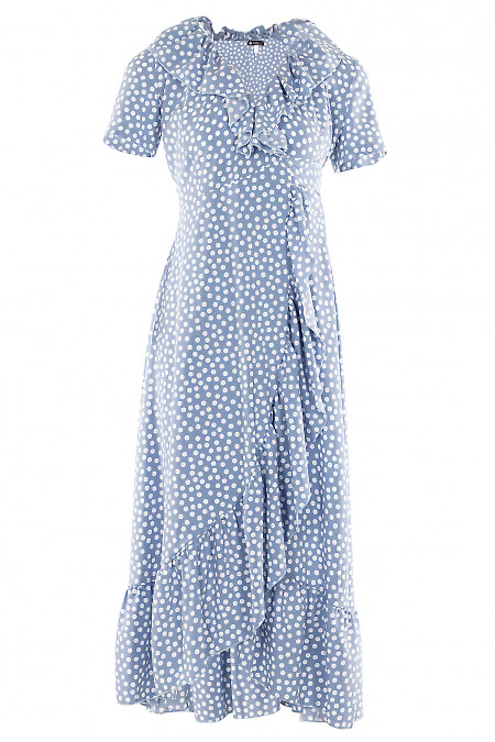 Платье с рюшью голубое в горох Деловая женская одежда фото