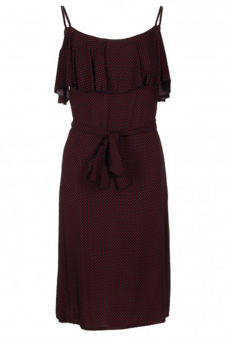 Сукня з воланом на грудях чорна в горошок Діловий жіночий одяг LadyLike фото