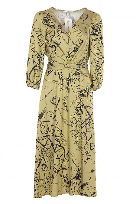 Сукня оливкова з поясом. Діловий жіночий одяг фото.