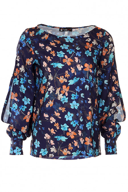 Блузка синя в квіти з розрізами Діловий жіночий одяг фото