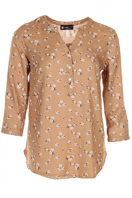 Блузка вільна бежева в квіточку Діловий жіночий одяг фото