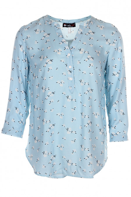 Блузка вільна блакитна в квіточку Діловий жіночий одяг фото