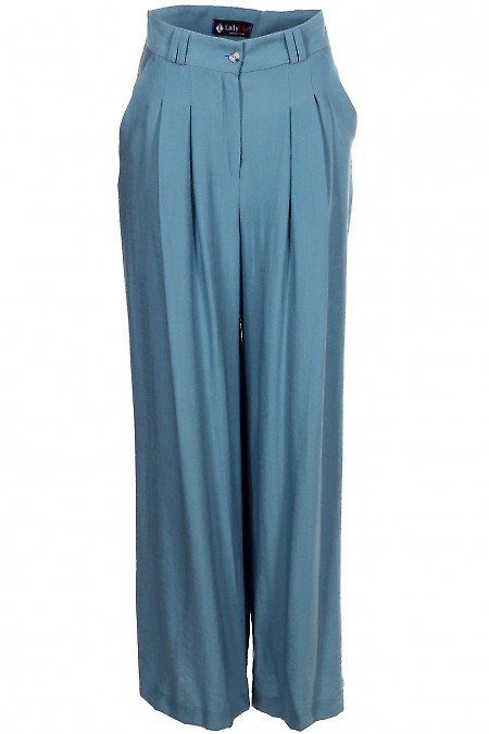 Брюки кльош від стегна льняні темно-блакитні Діловий жіночий одяг фото