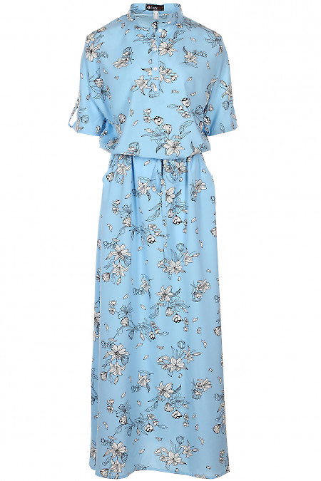 Платье длинное на кулисе голубое в цветы Деловая женская одежда фото