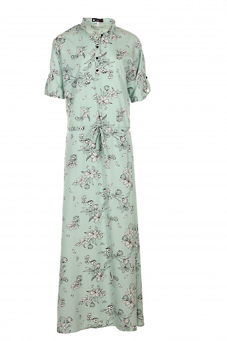 Платье длинное на кулисе мятное в цветочки Деловая женская одежда фото