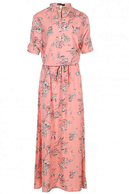 Платье длинное на кулисе розовое в цветы Деловая женская одежда фото