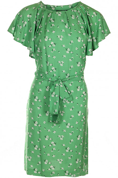 Платье зеленое в цветочки с крылышками Деловая женская одежда фото