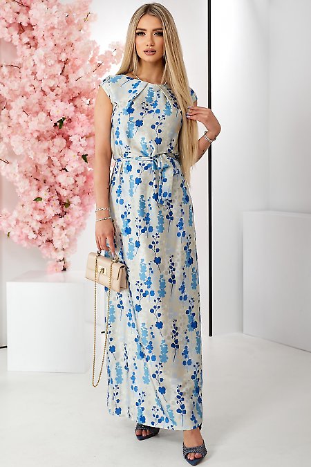 Бежеве сукня в сині квіти. Діловий жіночий одяг фото