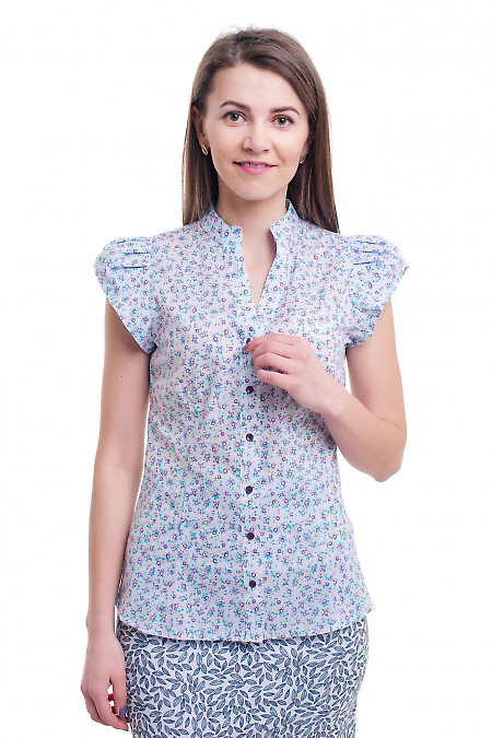 Блуза бузкова в квіти зі стійкою. Діловий жіночий одяг