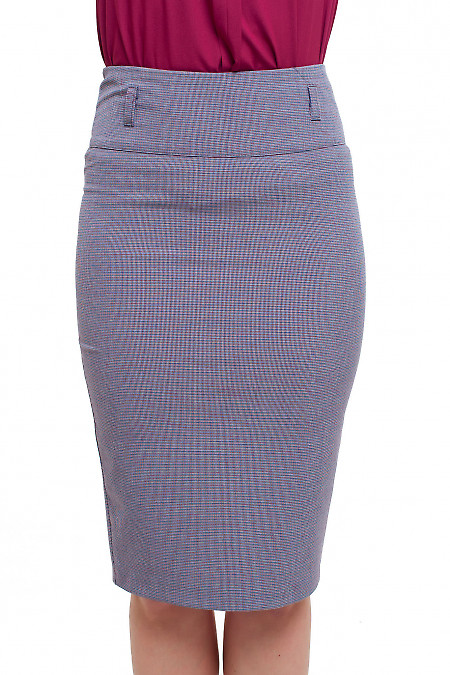 Юбка-карандаш в сине-красной кавычке.