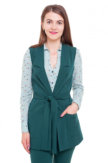 Жилетка довга з поясом зелена Діловий жіночий одяг фото