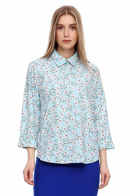 Блуза бірюзова в квіти зі спущеними рукавом. Діловий жіночий одяг