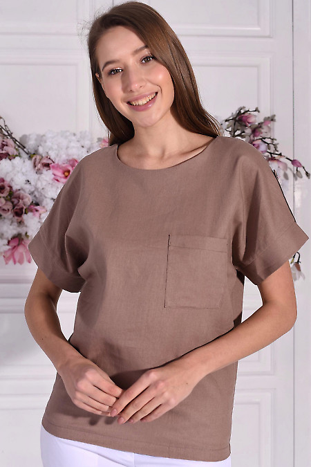 Блузка кавового кольору з льону. Діловий жіночий одяг