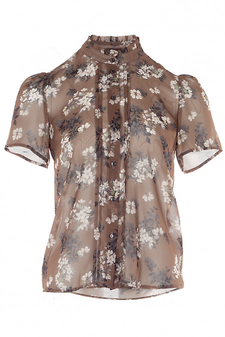 Блузка шифоновая коричневая в цветы. Деловая женская одежда