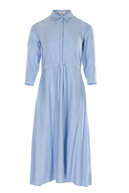 Платье миди голубое с кулисой. Деловая женская одежда фото