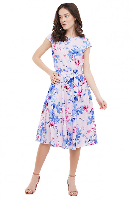 Платье розовое с голубыми цветами Деловая Женская Одежда фото