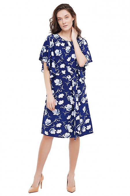 Платье с пышным рукавом синее в цветы Деловая Женская Одежда фото