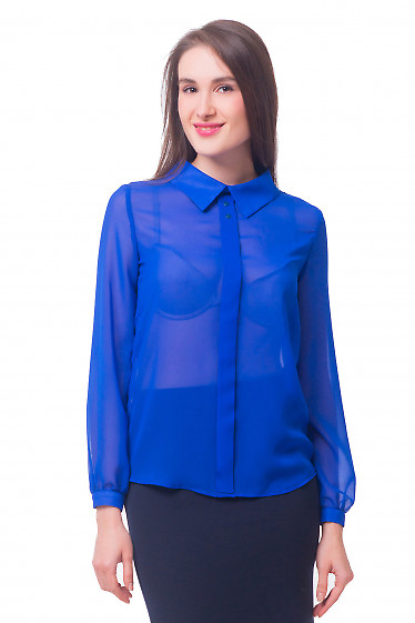 Блузка ярко-синяя с бантовой складочкой. Деловая женская одежда