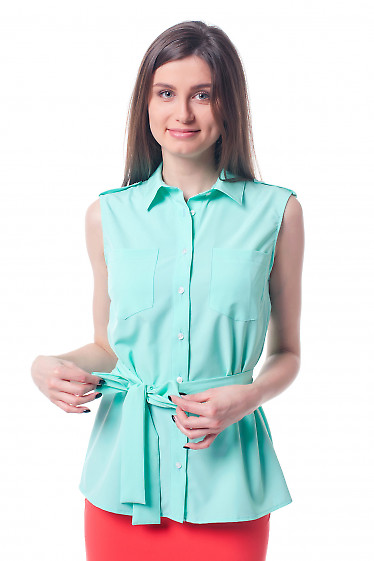 Блузка бирюзовая с карманами и поясом Деловая женская одежда фото