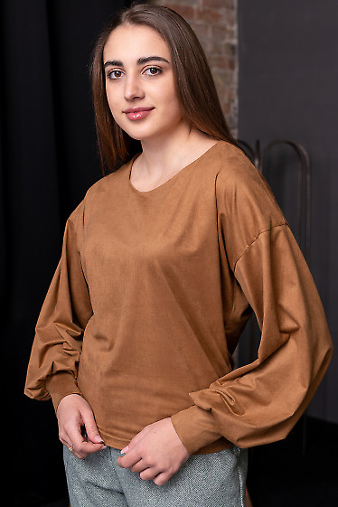 Кофта замшева коричнева з пишним рукавом. Діловий одяг