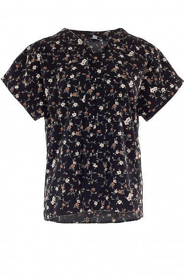 Блузка чорна в квіти з краваткою. Жіночий одяг.