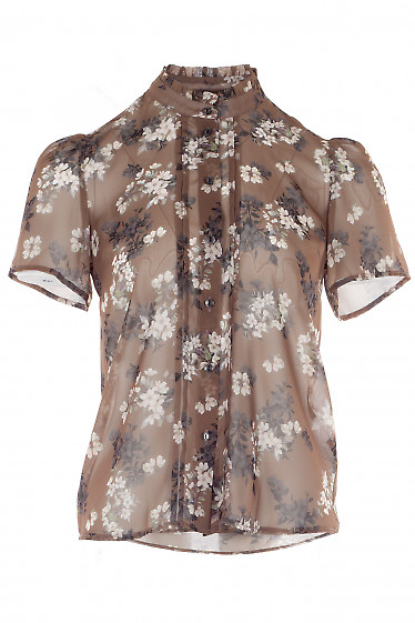 Блузка шифоновая коричневая в цветы. Деловая женская одежда