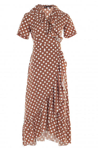 Платье коричневое в горох с рюшей Деловая женская одежда фото