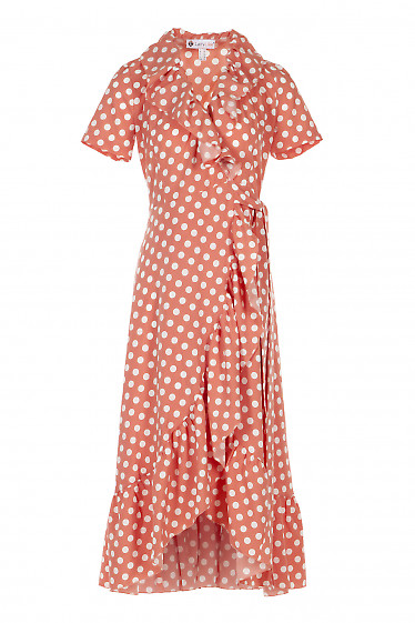 Платье персиковое с воланом в горох. Женская Одежда фото