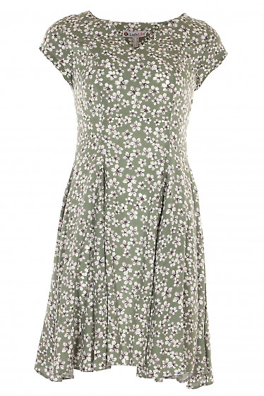 Платье шестиклинное зеленое в серые цветы. Деловая женская одежда фото