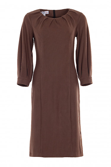 Платье трикотажное коричневое с защипами. Деловая женская одежда фото