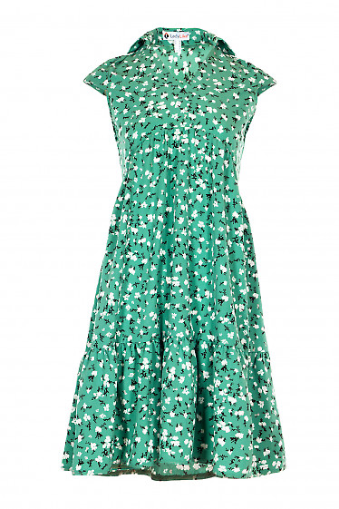 Зеленое платье с широким рюшем. Деловая женская одежда фото